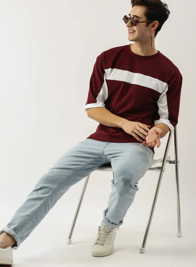 Maniac Maniac Men's 3-4th sleeve Round Neck Maroon and White Cotton Slim Fit Tshirt