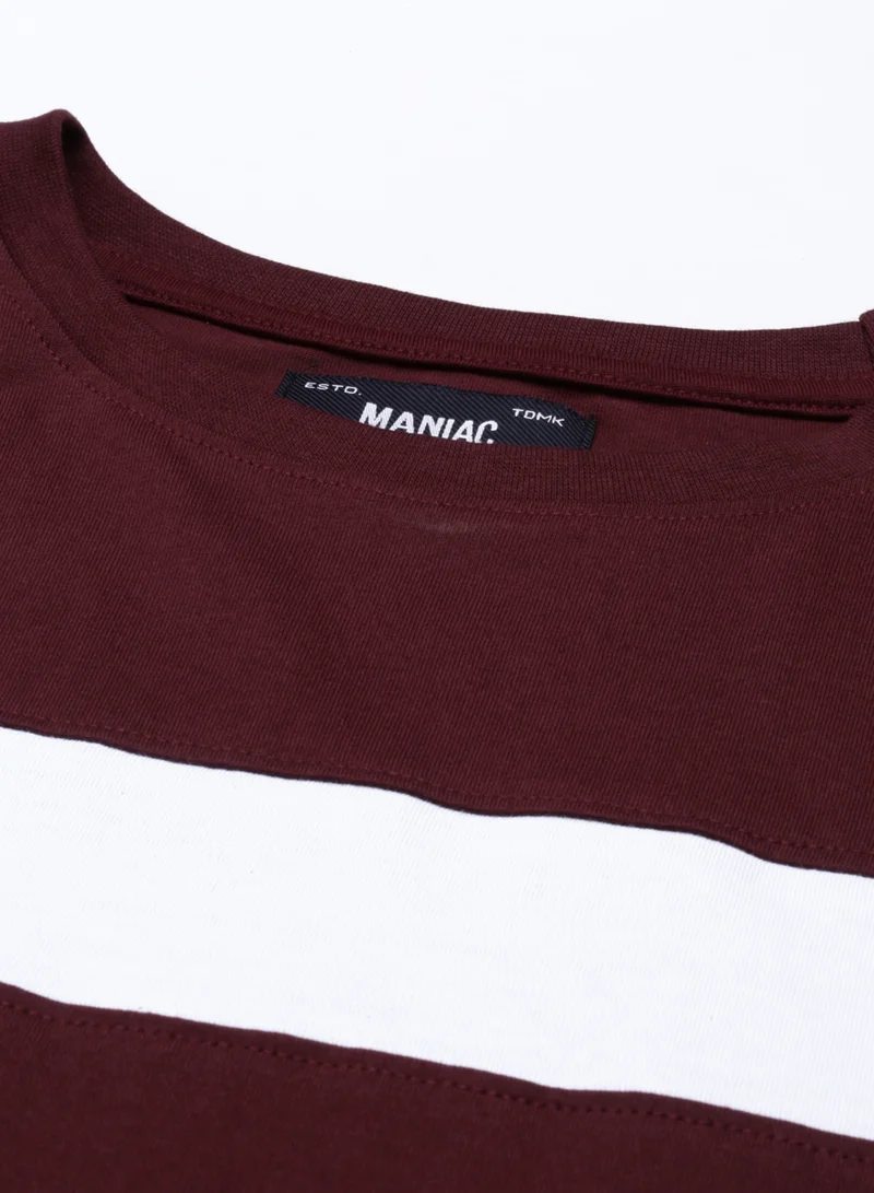 Maniac Maniac Men's 3-4th sleeve Round Neck Maroon and White Cotton Slim Fit Tshirt