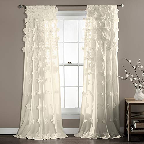 Lush Decor Riley Light Filtering Window Curtain Panel, Single 54" W x 95" L, Ivory - Cute Curtains for Bedroom - Bow Decor - Coquette Curtains for Windows - Image 1