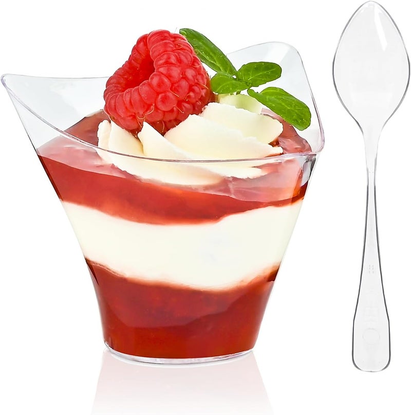 TOFLEN 50 Pack 4 oz Plastic Dessert Cups with Spoons Irregular Triangular Mini Dessert Bowls for Party Trifle Yogurt Parfait Pudding Appetizers Mini Dessert Shot Glasses for Tasting - Image 1