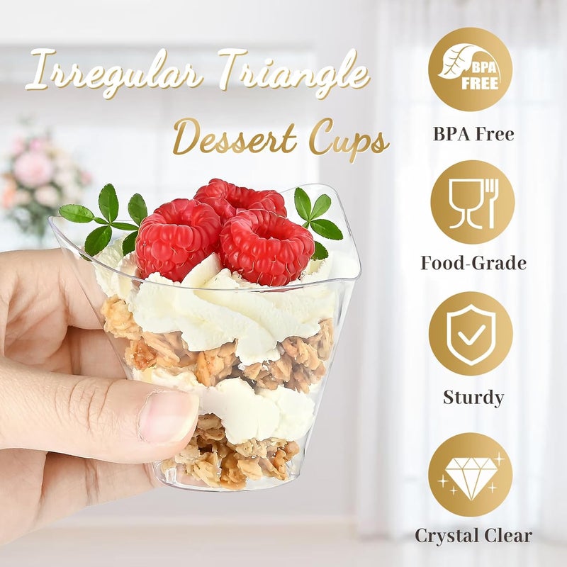 TOFLEN 50 Pack 4 oz Plastic Dessert Cups with Spoons Irregular Triangular Mini Dessert Bowls for Party Trifle Yogurt Parfait Pudding Appetizers Mini Dessert Shot Glasses for Tasting - Image 4