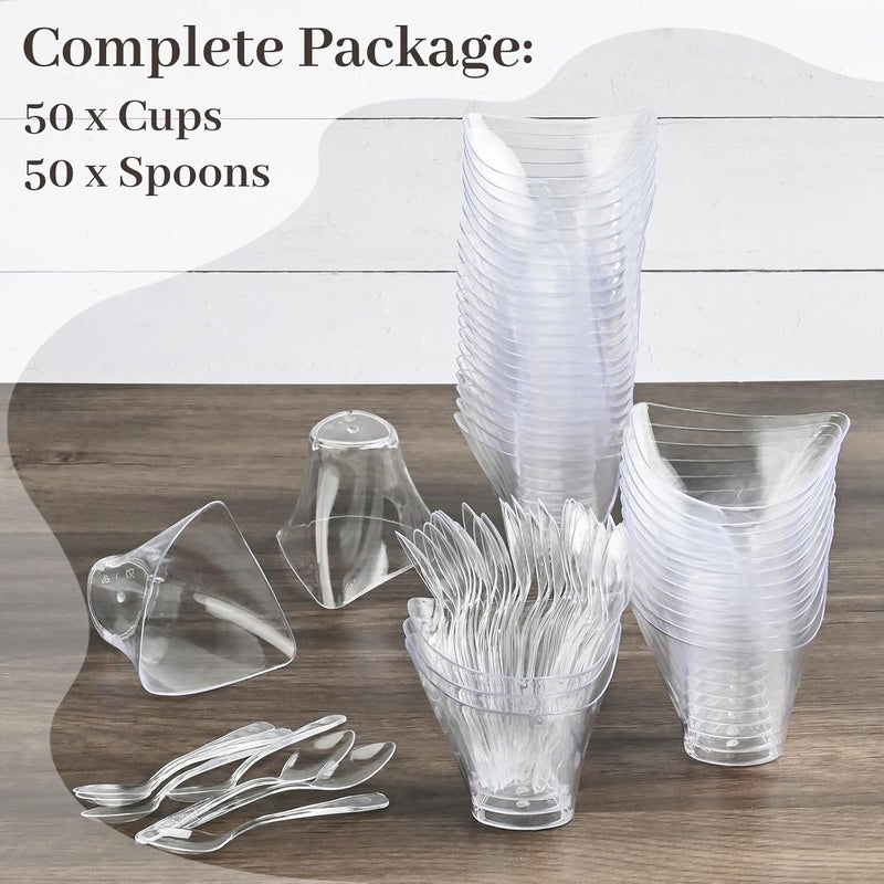 TOFLEN 50 Pack 4 oz Plastic Dessert Cups with Spoons Irregular Triangular Mini Dessert Bowls for Party Trifle Yogurt Parfait Pudding Appetizers Mini Dessert Shot Glasses for Tasting - Image 2