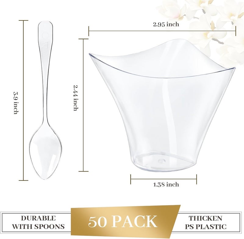 TOFLEN 50 Pack 4 oz Plastic Dessert Cups with Spoons Irregular Triangular Mini Dessert Bowls for Party Trifle Yogurt Parfait Pudding Appetizers Mini Dessert Shot Glasses for Tasting - Image 3