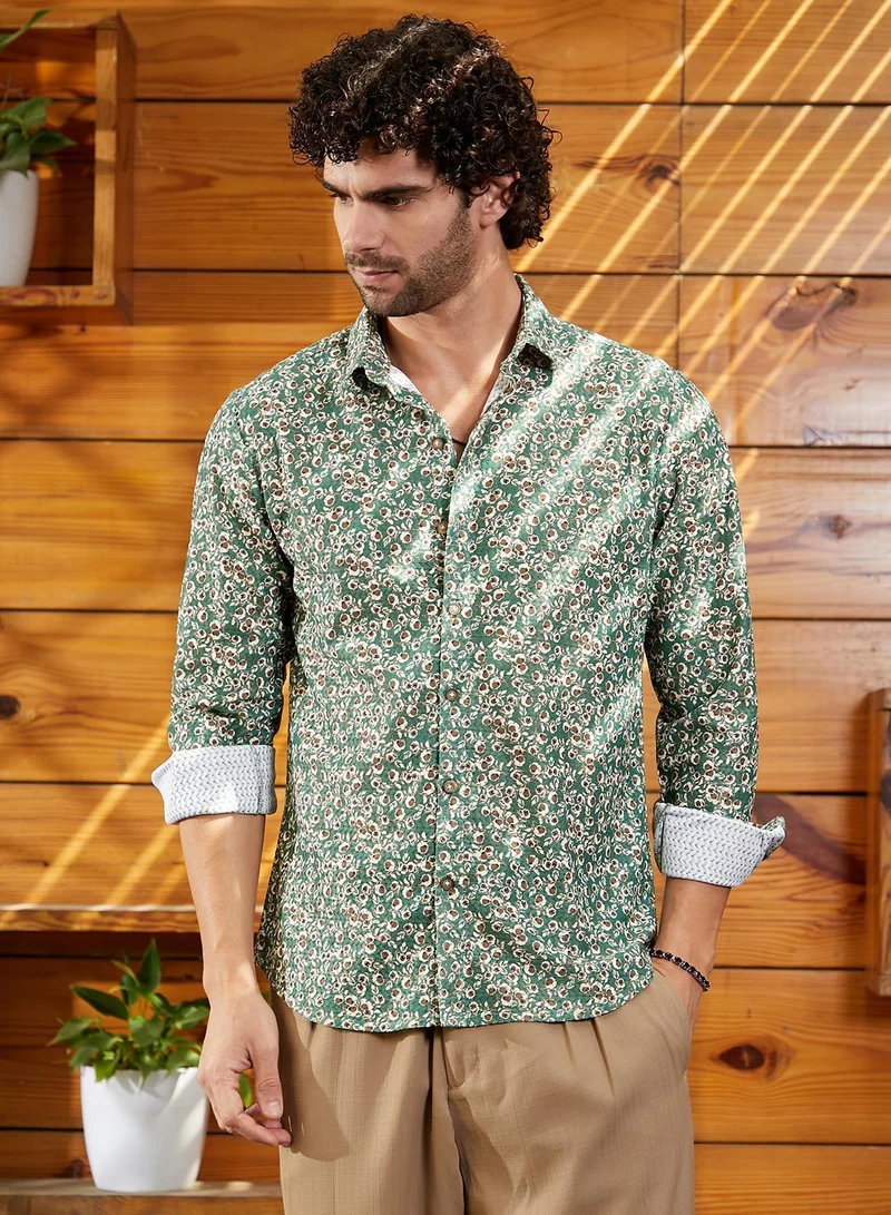 Campus Sutra Men's Forest Green Ditsy Bloom Shirt