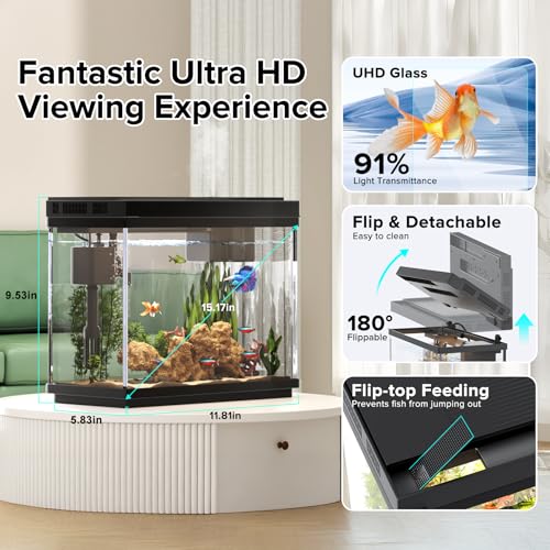 Vehipa Fish Tank, 2.4 Gallon Fish Aquarium, Fish Tank Starter kit with Smart Humidifier, Temperature Display, 7-Color Lighting, 3 in 1 Quiet Pump with Filteration & Oxygenation & Circulation - Image 4