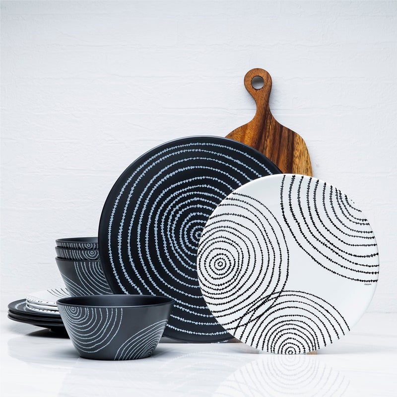 bzyoo 12 Piece Melamine Dinnerware Set - Durable, Dishwasher Safe Black Plates and Bowls - Dining, Parties, Camping Dish Set Black Planet Collection - Image 1