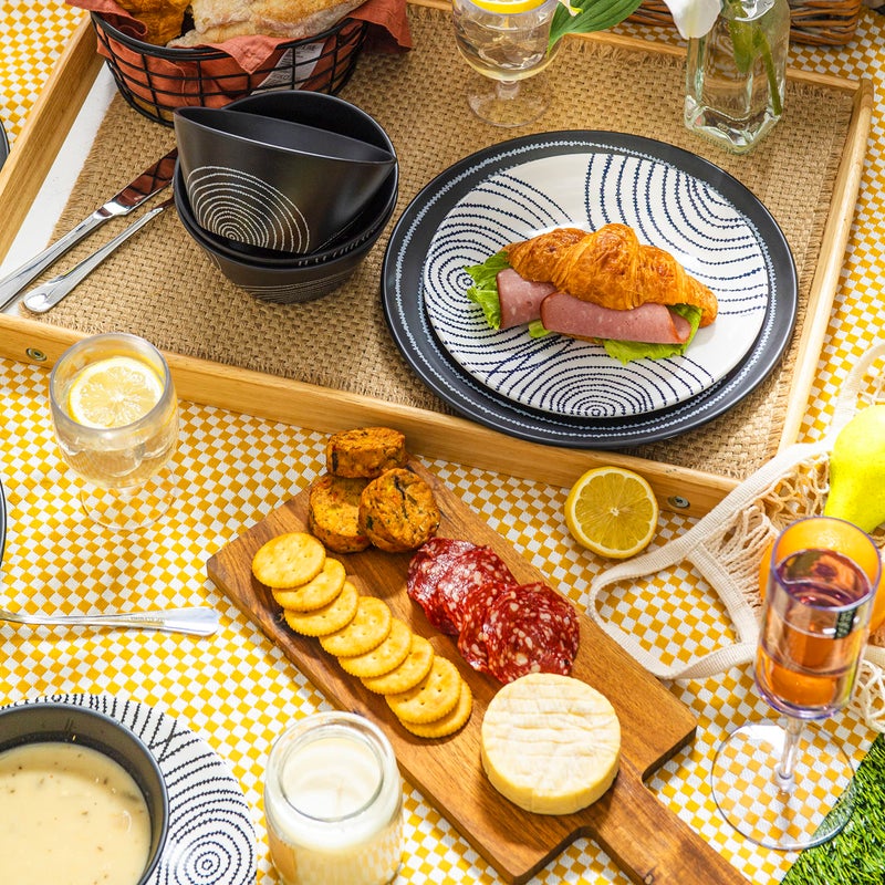 bzyoo 12 Piece Melamine Dinnerware Set - Durable, Dishwasher Safe Black Plates and Bowls - Dining, Parties, Camping Dish Set Black Planet Collection - Image 2