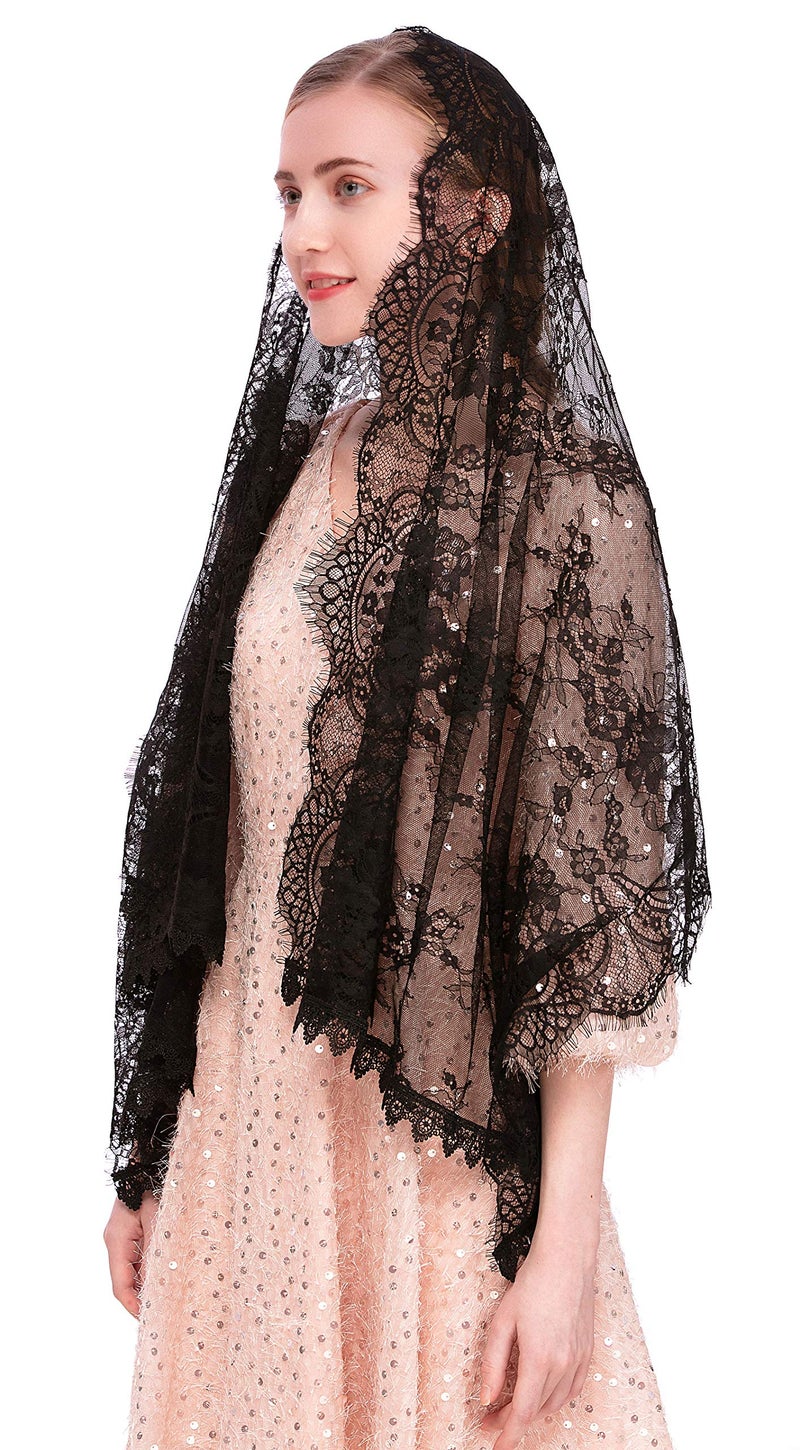 PAMOR Rectangular Chapel Veil Spanish Lace Floral Mantilla Veils Wrap Shawl Mass Head Covering (Black) - Image 3