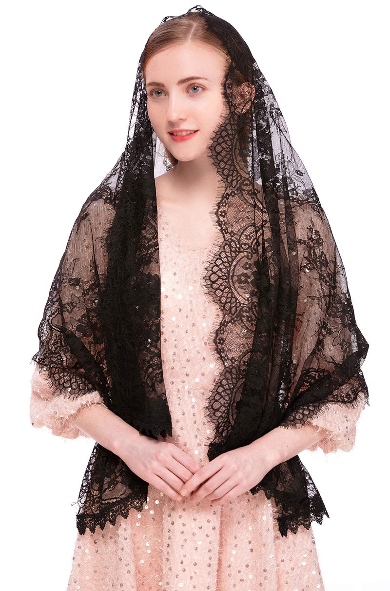 PAMOR Rectangular Chapel Veil Spanish Lace Floral Mantilla Veils Wrap Shawl Mass Head Covering (Black) - Image 1