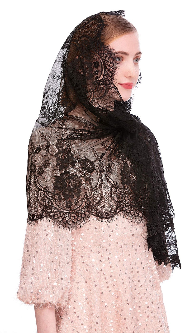 PAMOR Rectangular Chapel Veil Spanish Lace Floral Mantilla Veils Wrap Shawl Mass Head Covering (Black) - Image 4