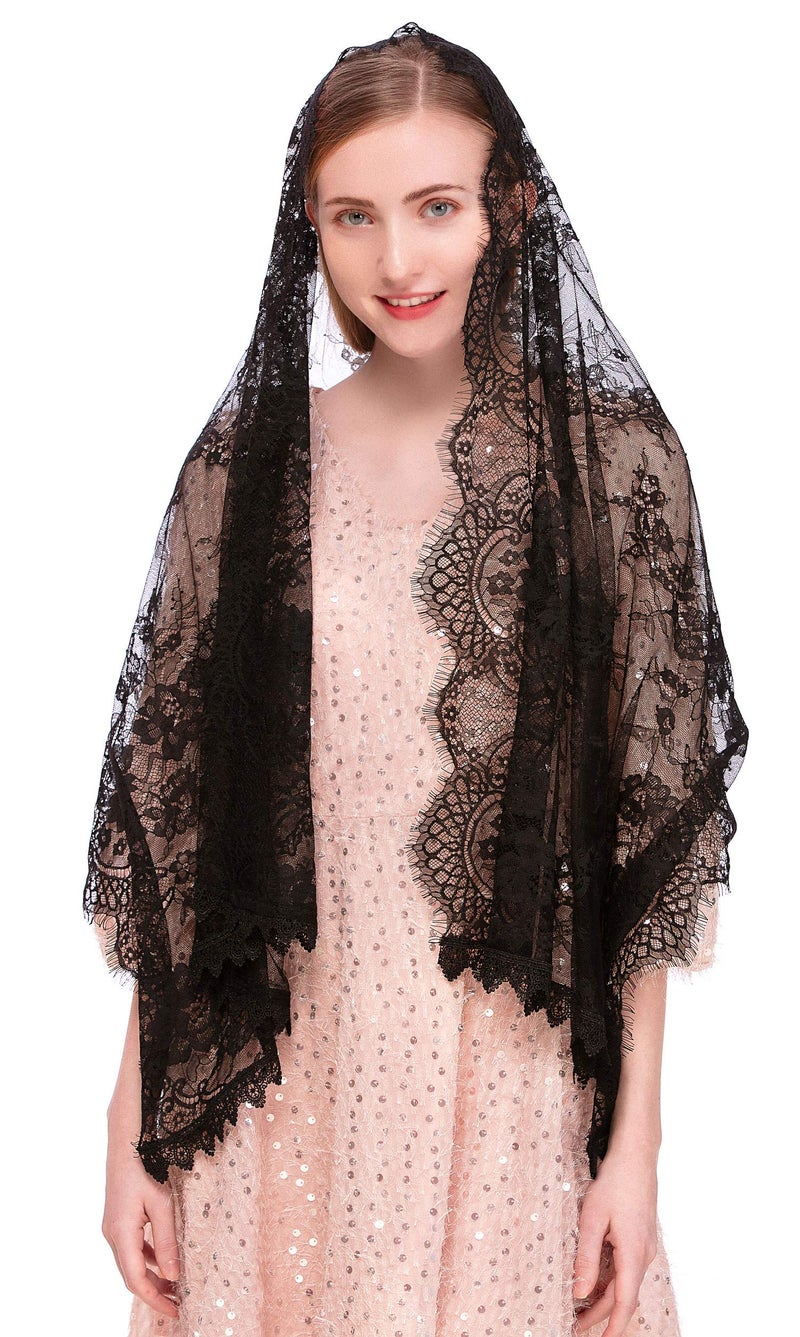 PAMOR Rectangular Chapel Veil Spanish Lace Floral Mantilla Veils Wrap Shawl Mass Head Covering (Black) - Image 2