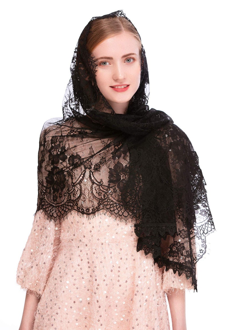PAMOR Rectangular Chapel Veil Spanish Lace Floral Mantilla Veils Wrap Shawl Mass Head Covering (Black) - Image 5