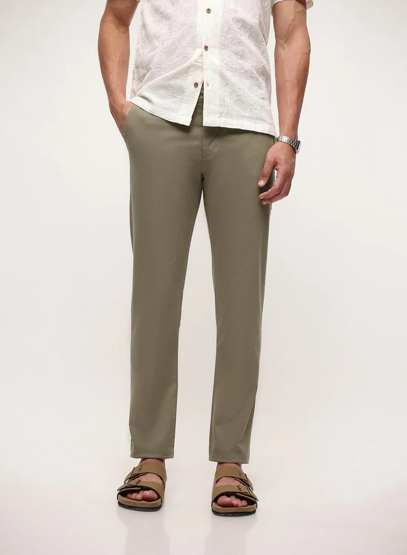 Dennis Lingo Men Sage Cotton Solid Print Straight Fit Full Chinos Trouser