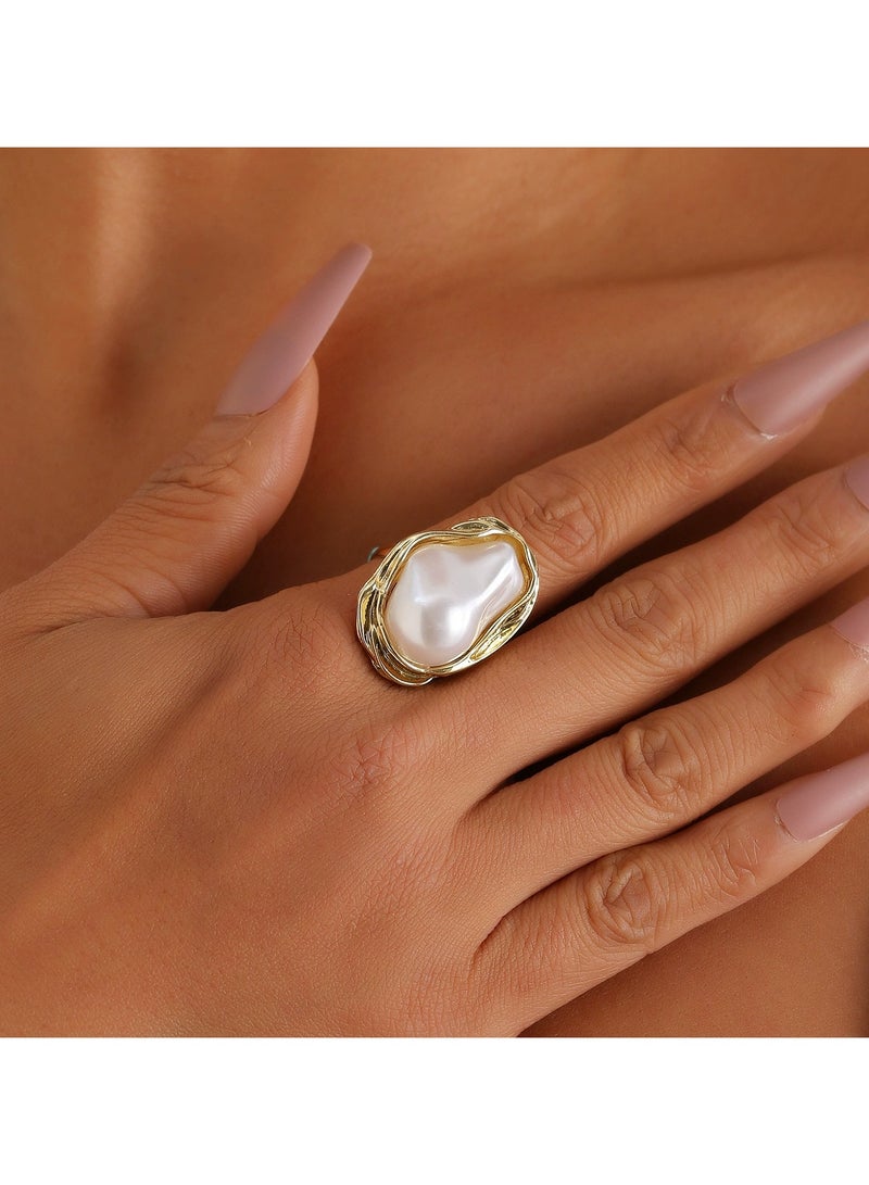 Goolsky Vintage Irregular Pearl Open Ring for Women | French Retro Statement Jewelry | Bold Adjustable Design | Trendy Fashion Ring  - Image 1