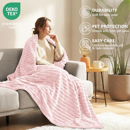 HIMEET Pink Ribbed Queen Size Blanket for Bed - 300GSM Lightweight Fleece Blanket for Men Women, Large Cozy Sofa Couch Cover Bed Blankets Gifts, Striped Spring Home Room Decor, Pink, 90x90 Inches - Image 3
