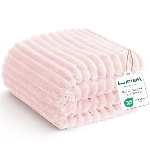HIMEET Pink Ribbed Queen Size Blanket for Bed - 300GSM Lightweight Fleece Blanket for Men Women, Large Cozy Sofa Couch Cover Bed Blankets Gifts, Striped Spring Home Room Decor, Pink, 90x90 Inches - Image 1