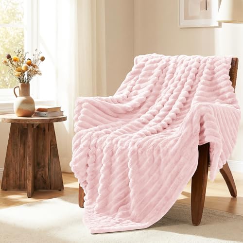 HIMEET Pink Ribbed Queen Size Blanket for Bed - 300GSM Lightweight Fleece Blanket for Men Women, Large Cozy Sofa Couch Cover Bed Blankets Gifts, Striped Spring Home Room Decor, Pink, 90x90 Inches - Image 2