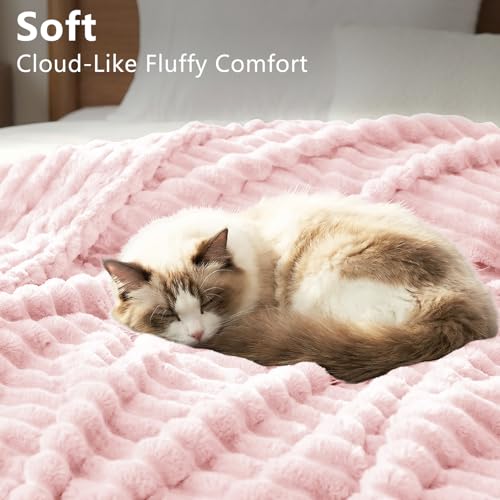 HIMEET Pink Ribbed Queen Size Blanket for Bed - 300GSM Lightweight Fleece Blanket for Men Women, Large Cozy Sofa Couch Cover Bed Blankets Gifts, Striped Spring Home Room Decor, Pink, 90x90 Inches - Image 4