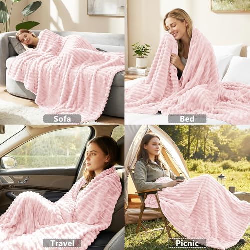 HIMEET Pink Ribbed Queen Size Blanket for Bed - 300GSM Lightweight Fleece Blanket for Men Women, Large Cozy Sofa Couch Cover Bed Blankets Gifts, Striped Spring Home Room Decor, Pink, 90x90 Inches - Image 5