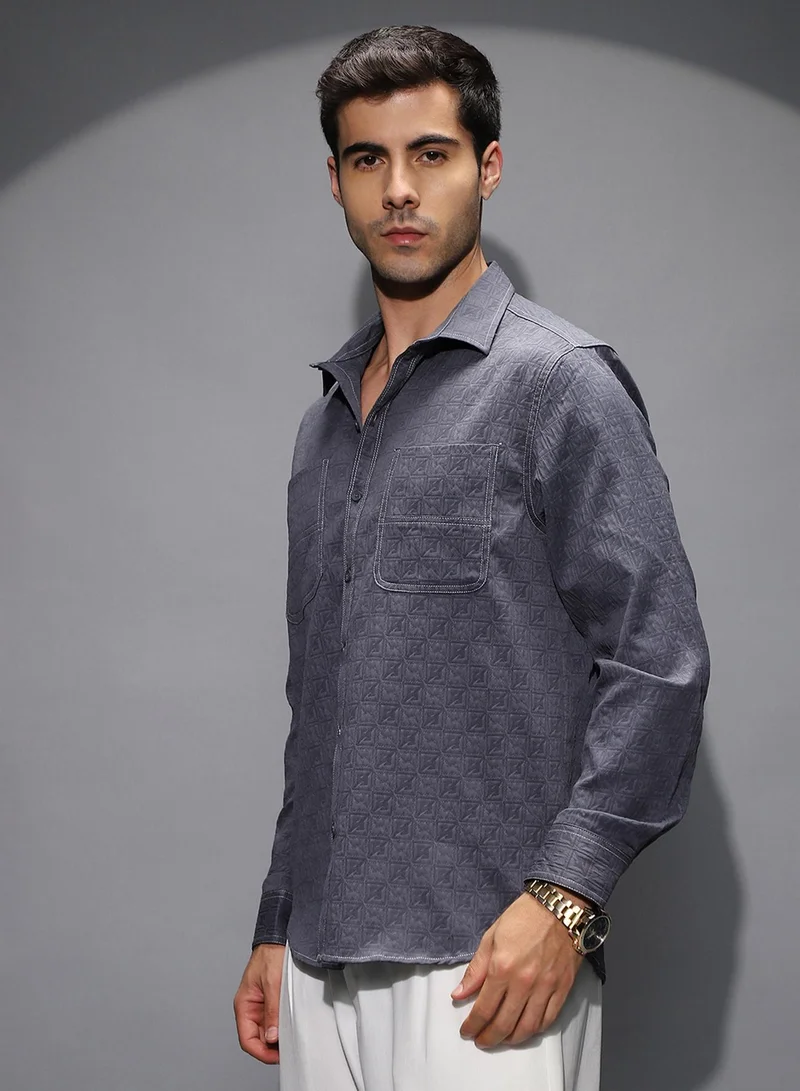 Campus Sutra Campus Sutra Men's Navy Blue Obliqa-Utility Relaxed Shirt For Casual Wear | Spread Collar | Long Cuffed Sleeves | Button Closure | Shirt Shirt Crafted With Comfort Fit For Everyday Wear