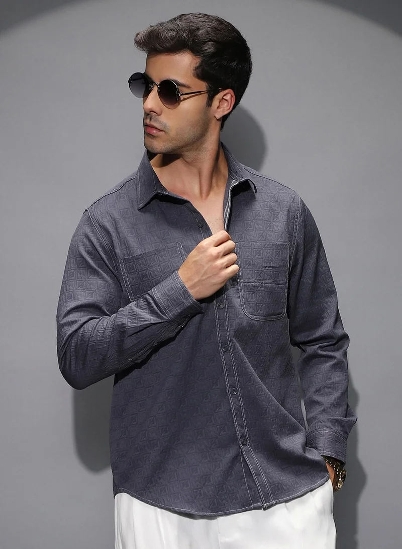 Campus Sutra Campus Sutra Men's Navy Blue Obliqa-Utility Relaxed Shirt For Casual Wear | Spread Collar | Long Cuffed Sleeves | Button Closure | Shirt Shirt Crafted With Comfort Fit For Everyday Wear