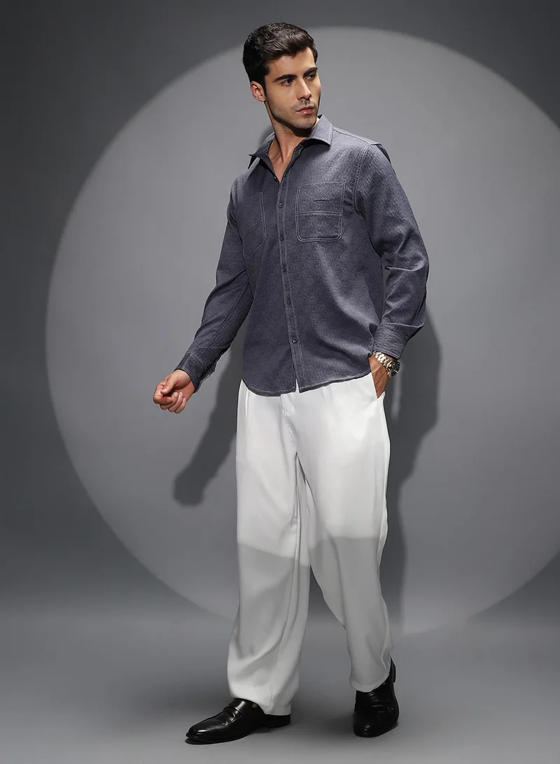 Campus Sutra Campus Sutra Men's Navy Blue Obliqa-Utility Relaxed Shirt For Casual Wear | Spread Collar | Long Cuffed Sleeves | Button Closure | Shirt Shirt Crafted With Comfort Fit For Everyday Wear