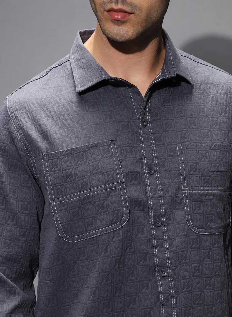 Campus Sutra Campus Sutra Men's Navy Blue Obliqa-Utility Relaxed Shirt For Casual Wear | Spread Collar | Long Cuffed Sleeves | Button Closure | Shirt Shirt Crafted With Comfort Fit For Everyday Wear