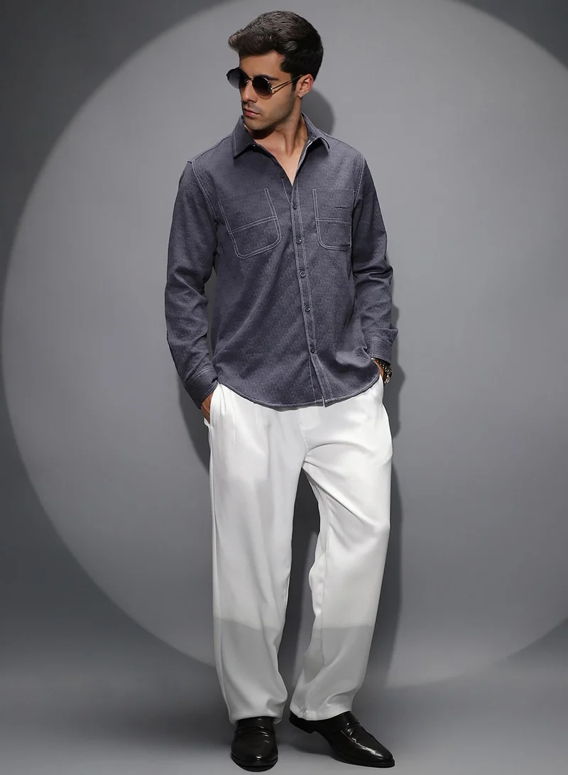 Campus Sutra Campus Sutra Men's Navy Blue Obliqa-Utility Relaxed Shirt For Casual Wear | Spread Collar | Long Cuffed Sleeves | Button Closure | Shirt Shirt Crafted With Comfort Fit For Everyday Wear