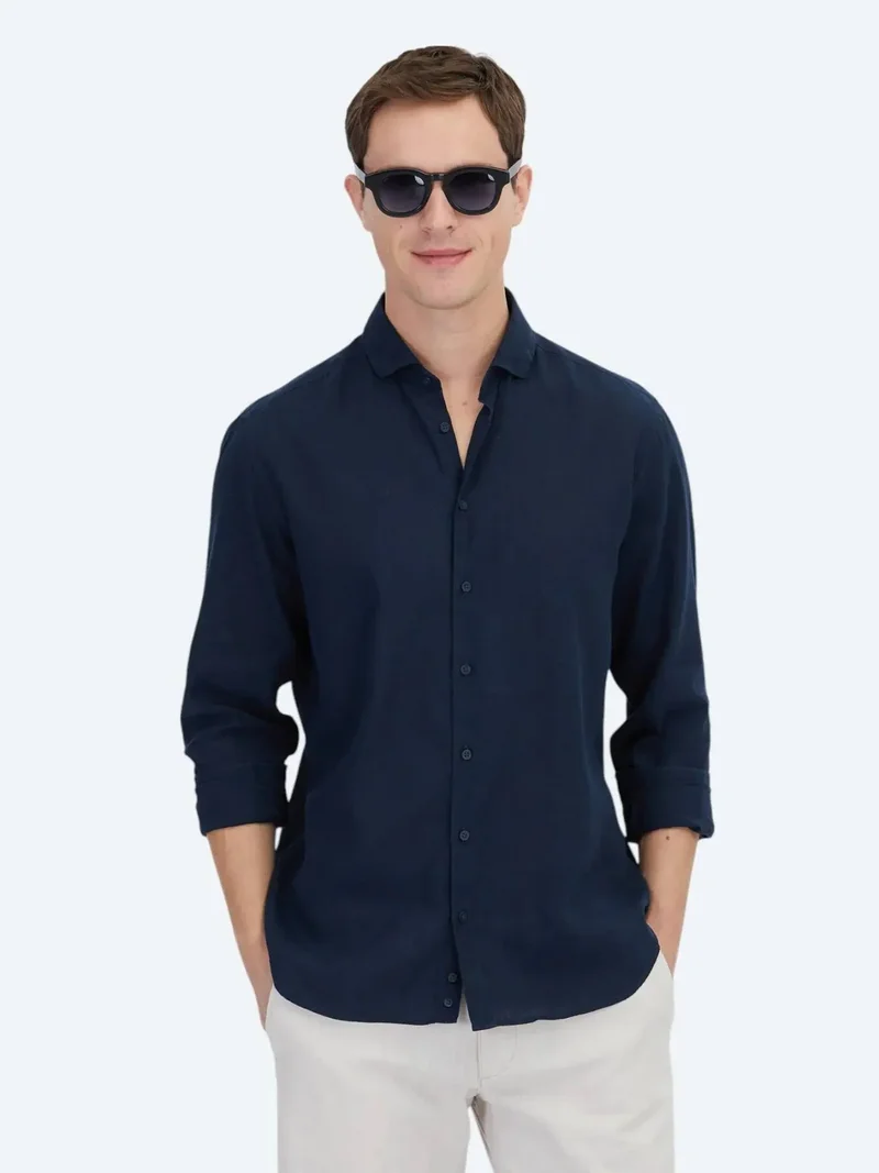 Kip Navy Blue Plain Regular Fit Weaving Casual Cotton Blended Shirt