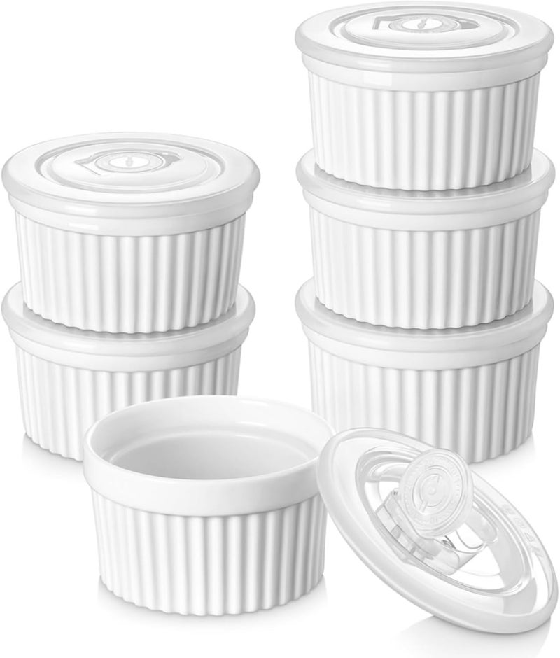 vancasso RAMEKINS 6 oz Soufflé Moulds Set of 6, Creme Brulee Bowls, Oven Safe, Porcelain Soufflés with Lid, Small Ceramic Bowls, Mini Casserole Dishes for Baking, White - Image 1