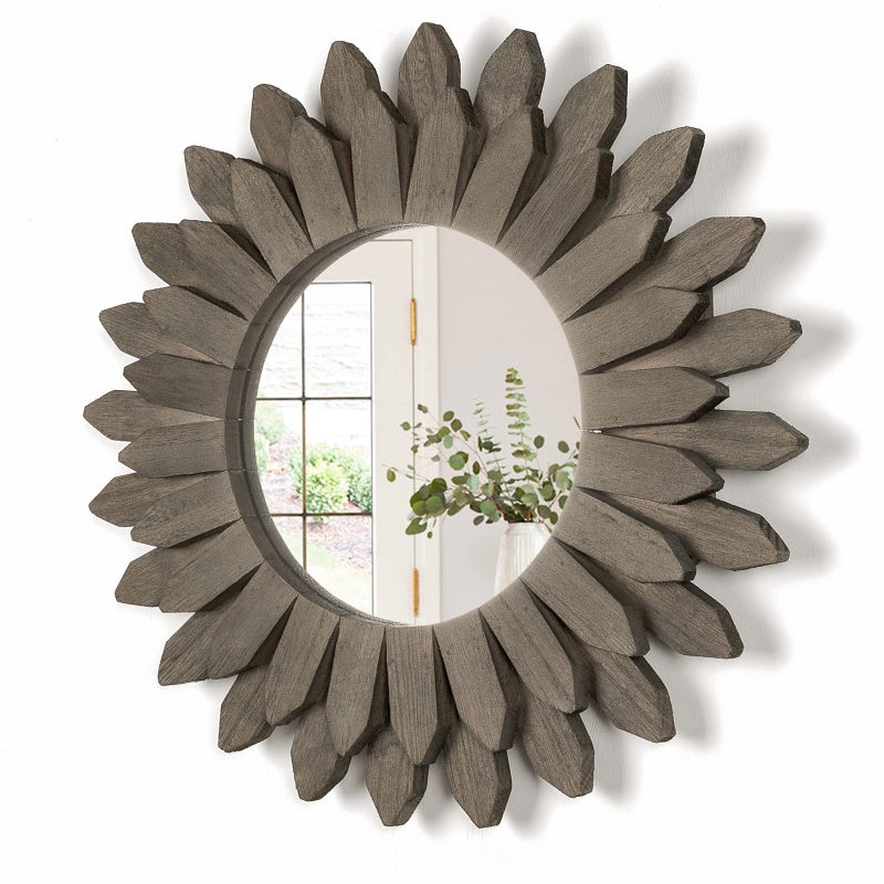 Honiway Farmhouse Wall Decor Mirror 12 inch Sunburst Boho Wood Mirror Rustic Home Decor Room Decoration for Bedroom Living Room Weathered Grey - Image 1
