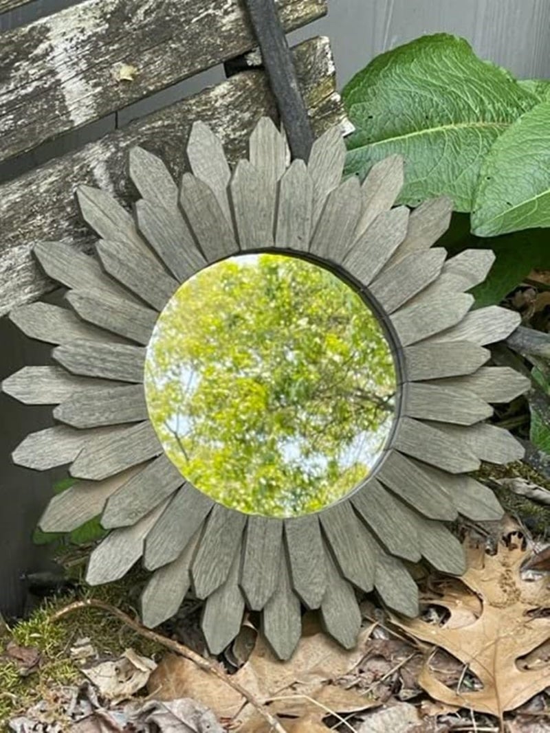 Honiway Farmhouse Wall Decor Mirror 12 inch Sunburst Boho Wood Mirror Rustic Home Decor Room Decoration for Bedroom Living Room Weathered Grey - Image 5