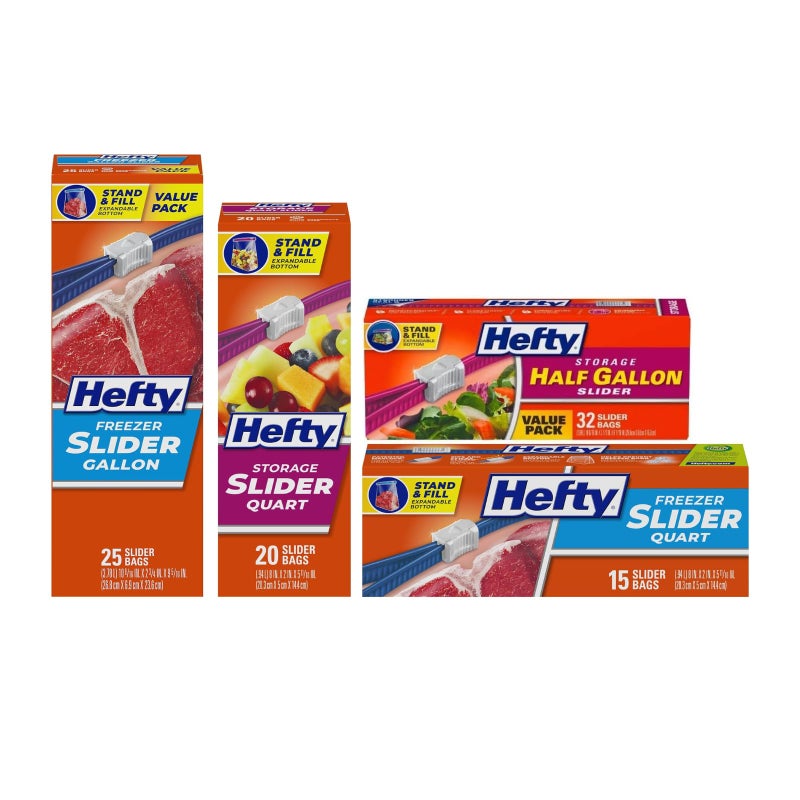 Hefty, 1 Hefty Slider Bags, Quart, 20 CT, 1 Freezer Slider Bags, Quart, 15 CT, 1 Freezer Slider Bags Gallon, 25 CT, 1 Slider Bags Half Gallon, 32 CT (Variety Pack) - Image 1