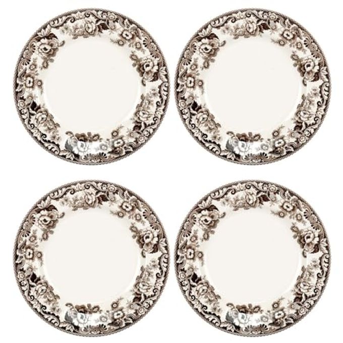 Spode Delamere Dinner Plates, Set of 4 10.5 Inch Round Fine Earthenware Dish - Microwave, Dishwasher, Freezer & Warm Oven Safe - Elegant Serveware Ideal for Thanksgiving Meals - Made in England