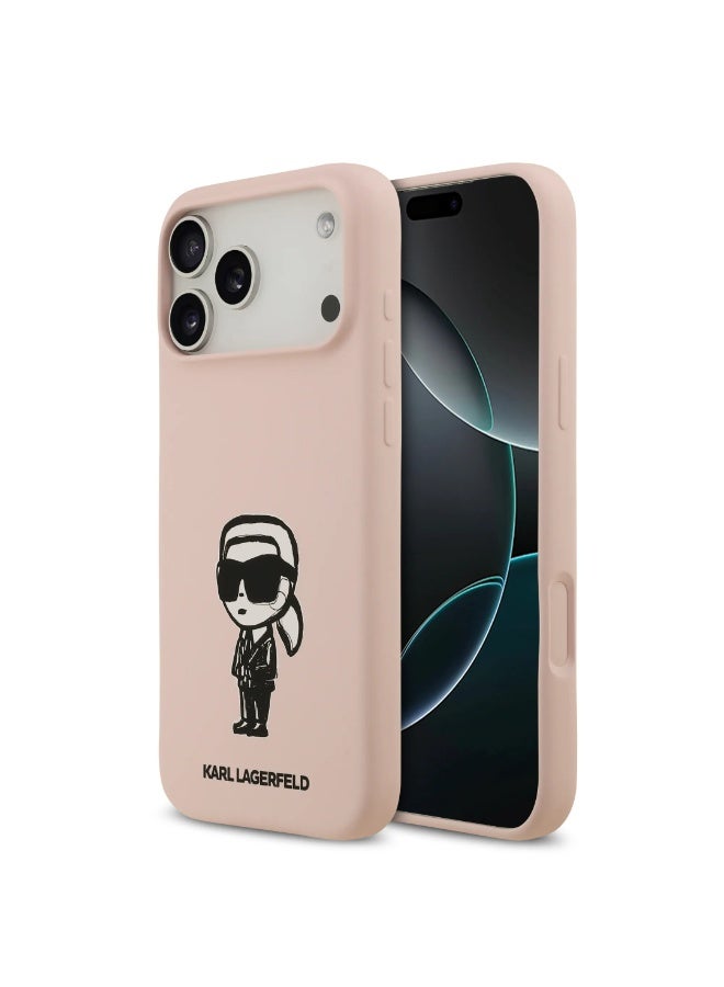 كارل لاغرفيلد جراب آيفون  برو ماكس  غطاء خلفي سيليكون سائل بتصميم كارل سكتش  وردي - Image 4