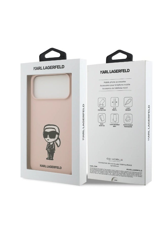 كارل لاغرفيلد جراب آيفون  برو ماكس  غطاء خلفي سيليكون سائل بتصميم كارل سكتش  وردي - Image 3