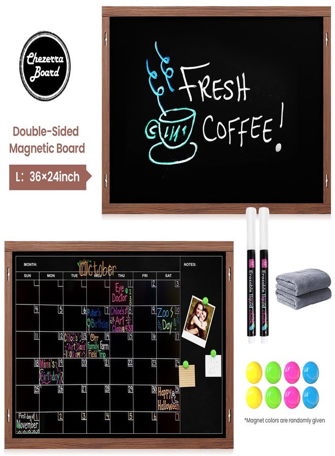 Chezerra 2-in-1 Double-Sided Magnetic Chalkboard 36"x24", Chalk Calendar Board & Large Blackboard for Kitchen & Home Decor, Schedule, Menu, Back-to-School Gift - Hanging Chalk Board with 2 Liquid Pens, Brown - Image 2