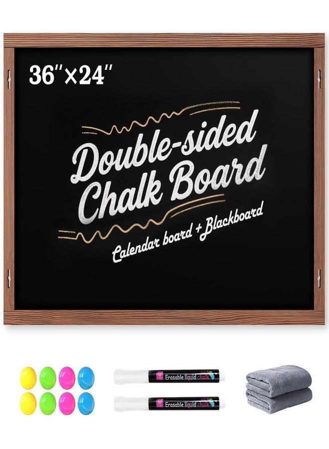 Chezerra 2-in-1 Double-Sided Magnetic Chalkboard 36"x24", Chalk Calendar Board & Large Blackboard for Kitchen & Home Decor, Schedule, Menu, Back-to-School Gift - Hanging Chalk Board with 2 Liquid Pens, Brown - Image 1