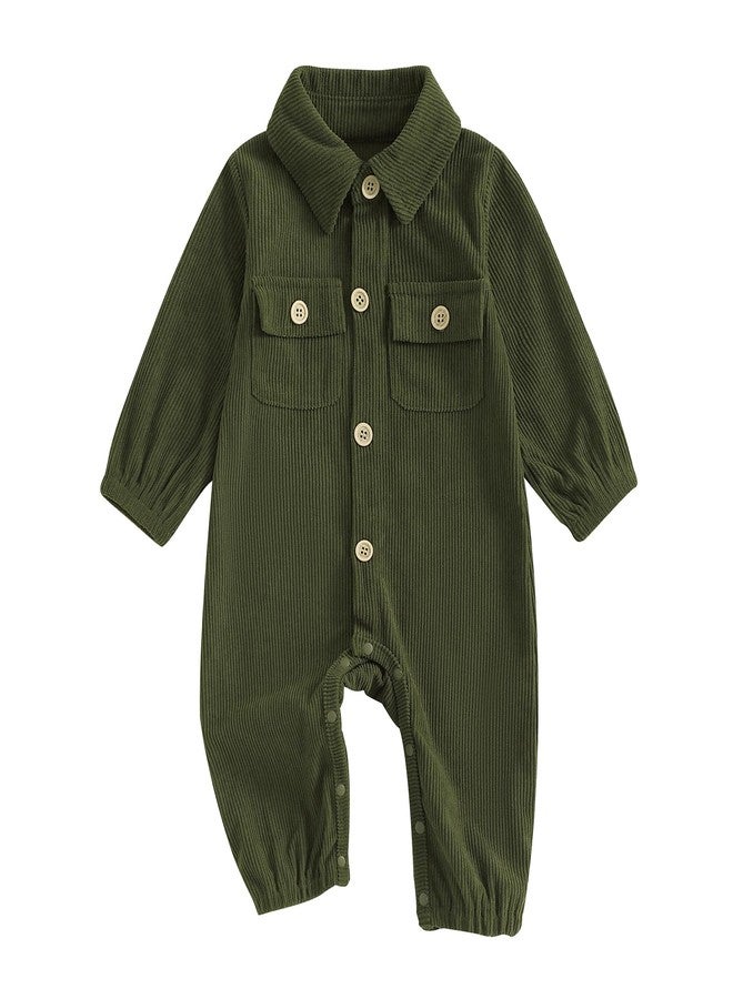 Karuedoo Newborn Baby Boy Girl Clothes Corduroy Long Sleeve Button Up Romper Jumpsuit Collared Bodysuit Fall Winter Outfit (Army Green, 6-9 Months) - Image 1