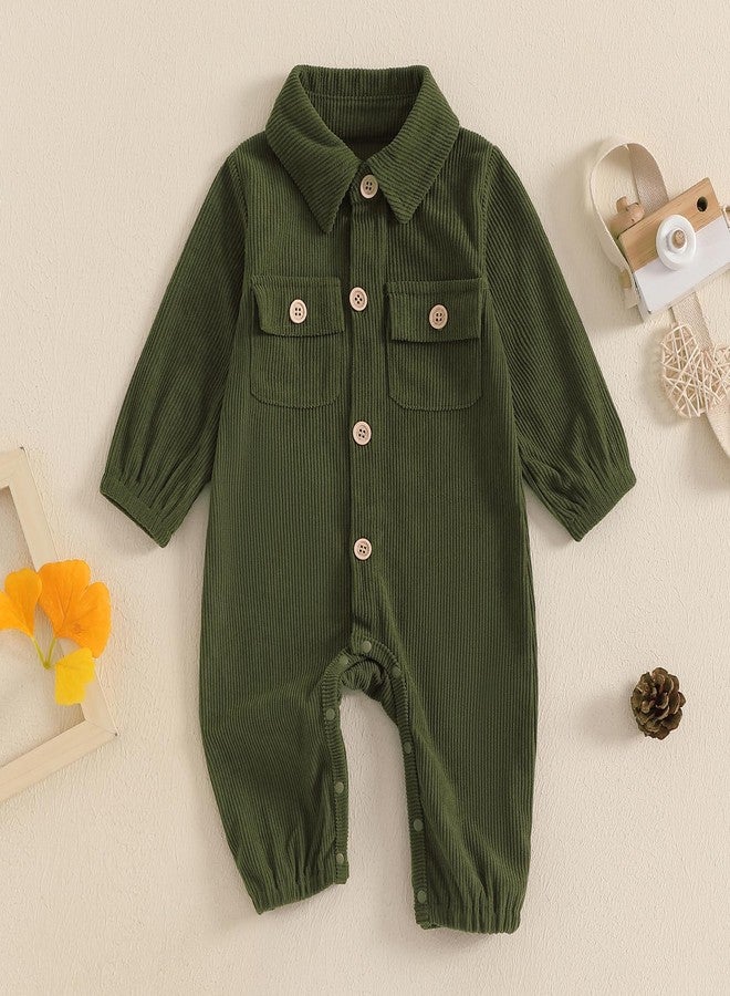 Karuedoo Newborn Baby Boy Girl Clothes Corduroy Long Sleeve Button Up Romper Jumpsuit Collared Bodysuit Fall Winter Outfit (Army Green, 6-9 Months) - Image 2