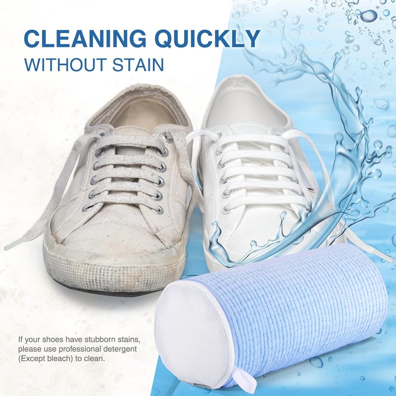 Teletrogy Shoe Washing Machine Bag 2Pcs, Fluffy Fibers 360° Wrap-around Cleaning, 2 Pairs Adjustable Shoe Trees, Laundry Bag with Durable Hidden Zipper, Blue - Image 3