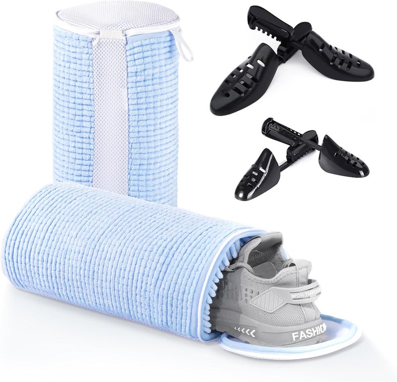 Teletrogy Shoe Washing Machine Bag 2Pcs, Fluffy Fibers 360° Wrap-around Cleaning, 2 Pairs Adjustable Shoe Trees, Laundry Bag with Durable Hidden Zipper, Blue - Image 1