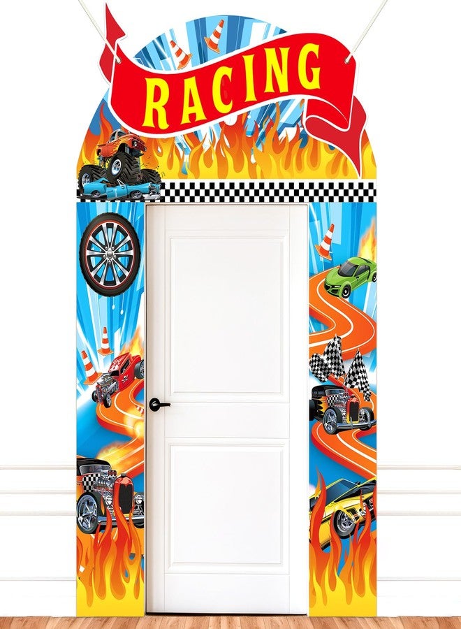 MinFyberd 3Pcs Race Car Party Door Banner Hot Car Party Decorations Racing Truck Birthday Party Door Covers Racing Wheels Game Backdrops Hot Racing Car Porch Sign for Kids Boys Birthday Party Supplies - Image 1