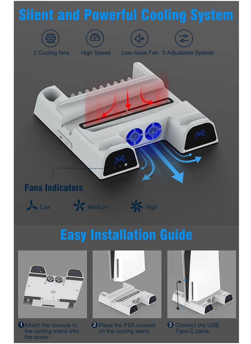 MissTiara - PS5 3-Speed Adjustable Silent Fans Cooling Stand with 2 Controller Charger Station and 11 Games Slots for PS5 Disc and Digital Editions - Image 1