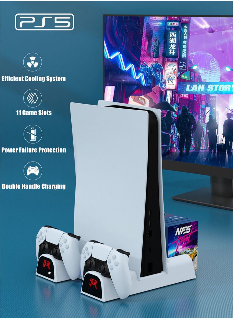 MissTiara - PS5 3-Speed Adjustable Silent Fans Cooling Stand with 2 Controller Charger Station and 11 Games Slots for PS5 Disc and Digital Editions - Image 1