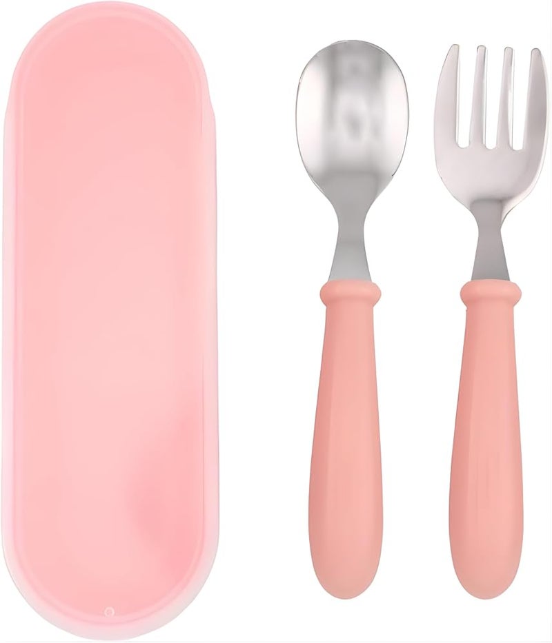 BrainGiggles Kids Cutlery Set with Case, Round Edge Stainless Steel, BPA Free Spoon & Fork, Hygienic 304 Stainless Steel for School, Picnic, Outing (Pack of 1, Pink) - Image 1
