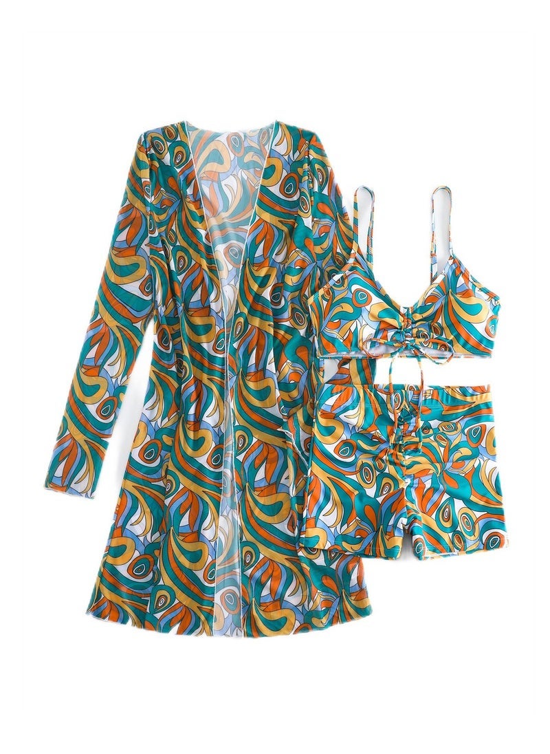 NADANBAO 3pcs high waisted long sleeve cover-up lace-up swimsuit set - Image 1