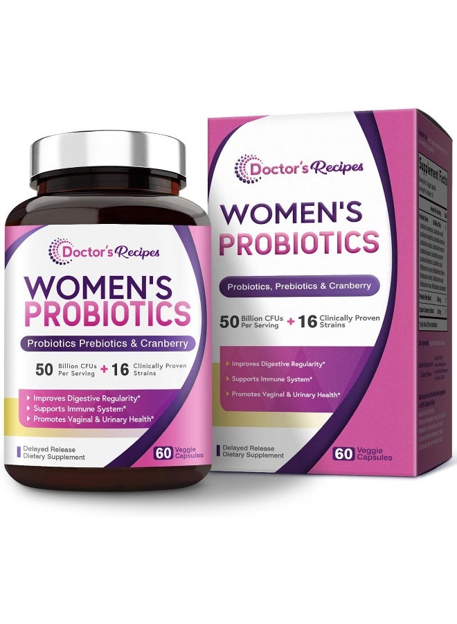 Doctor's Recipes Omnirecipes Probiotic For Women, 60 Caps 50 Billion Cfu 16 Strains, With Organic Prebiotics Cranberry For Digestive Immune Vaginal & Urinary Health, Shelf Stable, Delayed Release, No Soy Gluten Dairy - Image 1