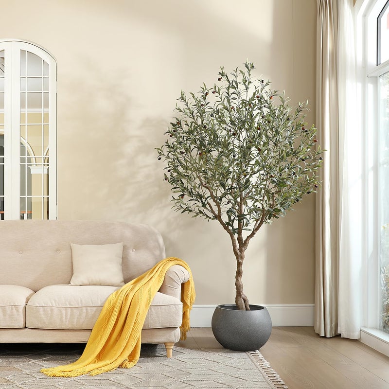 LOMANTO Olive Trees Artificial Indoor 7Ft Artificial Olive Plants Tall Faux Olive Tree Fake Topiary Silk Tree in Pot with Olive Branch  Fruit Home Office Modern Decor Gift for Housewarming 1Pack
