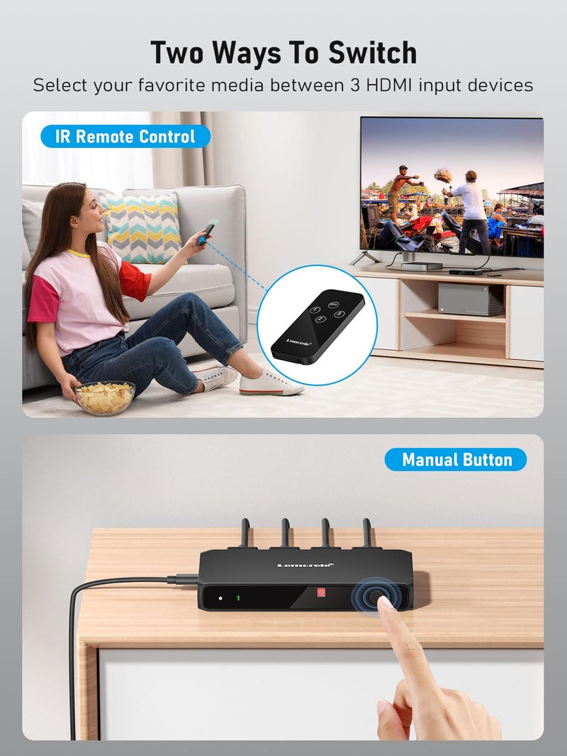 Lemorele 4K HDMI Switch, 3 in 1 Out HDMI Splitter, Triple Multiview Seamless Switcher Selector with Remote Control (Batteries not Included) - Image 4